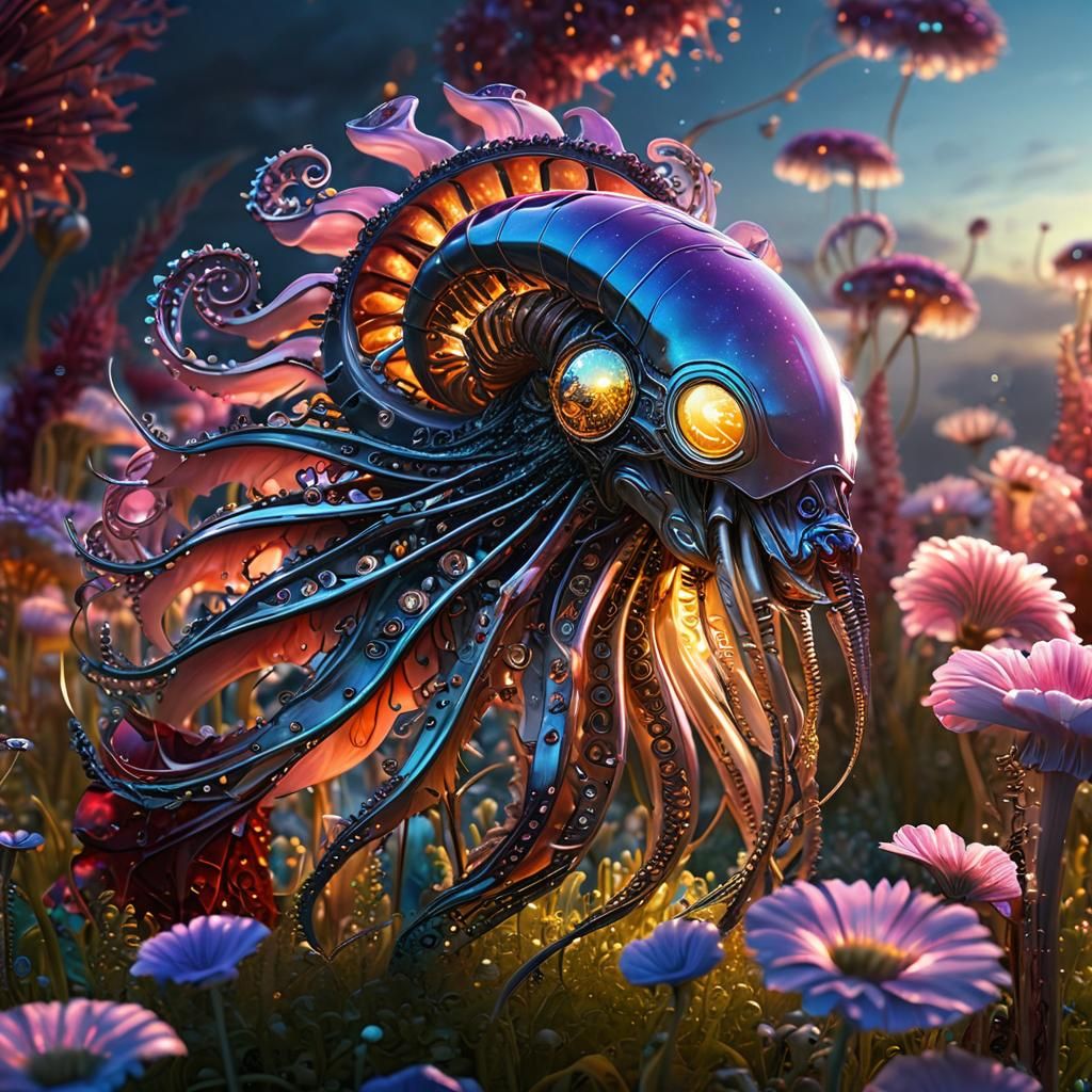 Cyborg Alien Flowers in a Nautilus-Squid Style