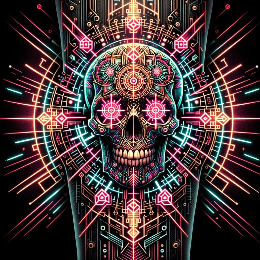 Cyberpunk Skull Tattoo with Neon Geometric Design