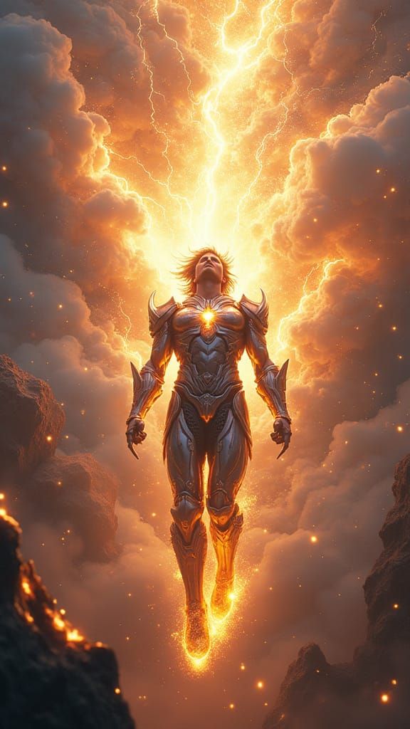 Supernatural Ascension of Radiant Armored Figure in Cosmic E...