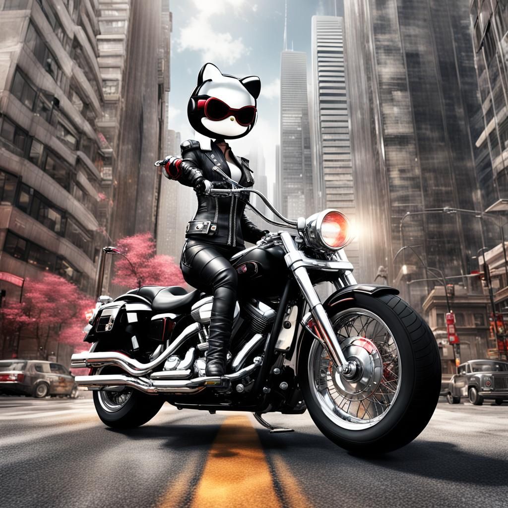 Hello Kitty Rides a Harley in Hyper-Realistic Digital Art