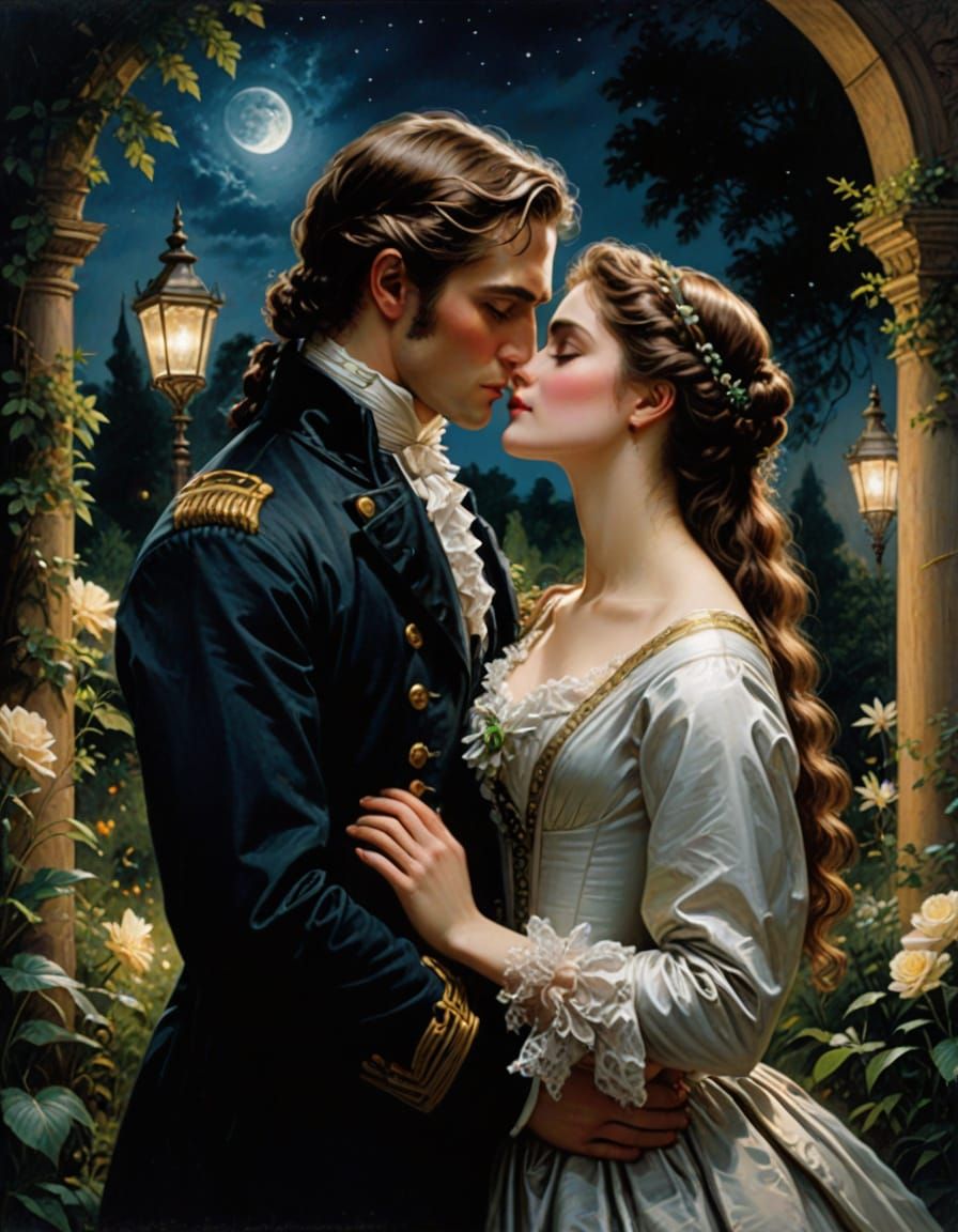 Romantic Victorian Couple in Moonlit Garden, Oil Painting