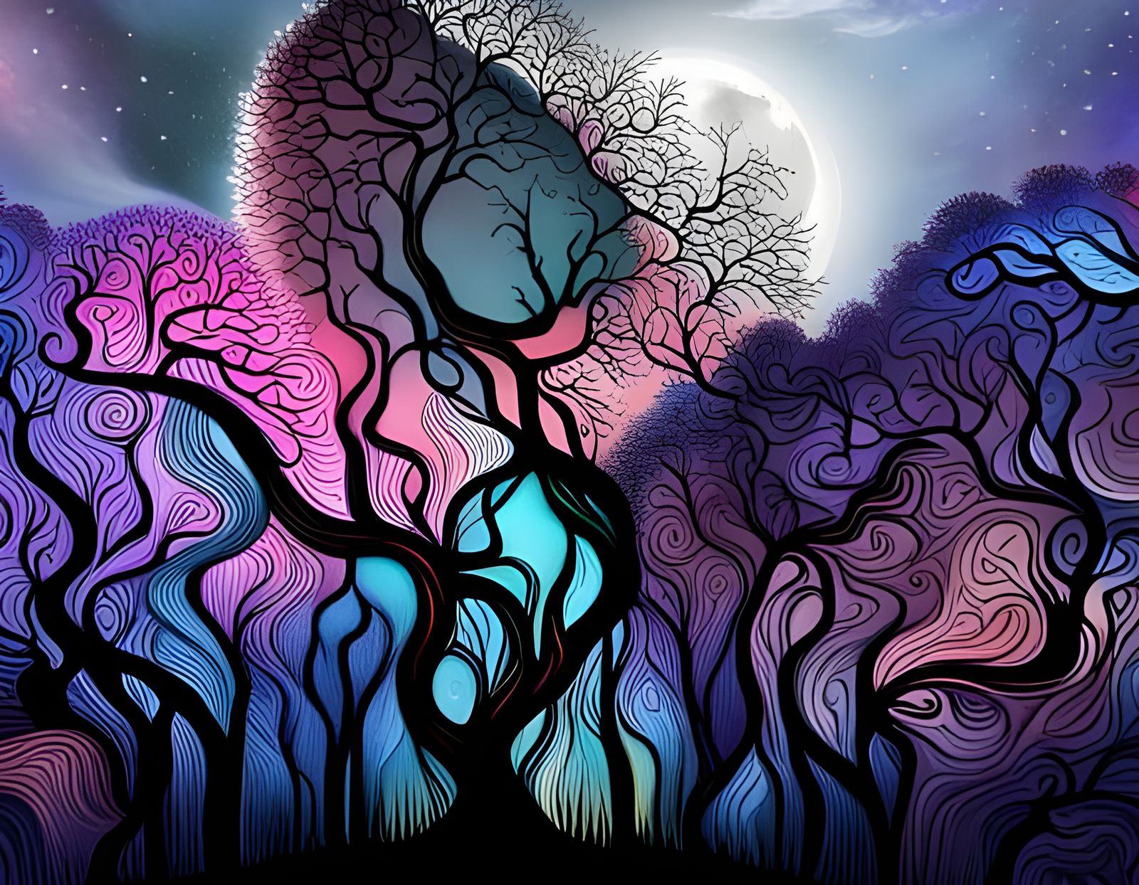 Surreal Dark Fantasy Forest with Haunted Trees