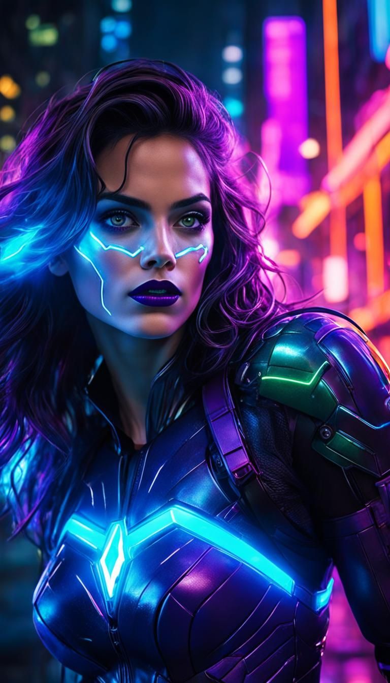 Superhero Woman in Gotham City Neon Lights