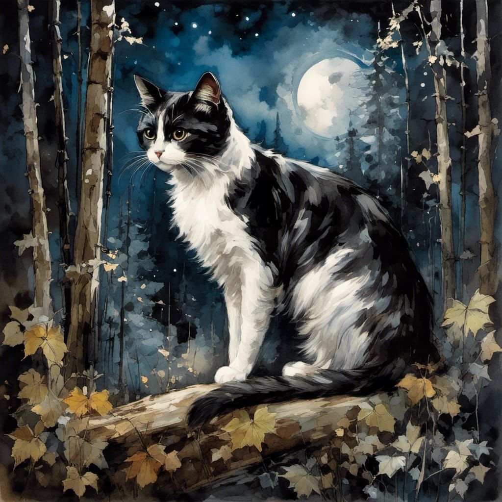 Cat in Forest Clearing Under Moonlight, Pre-Raphaelite Style