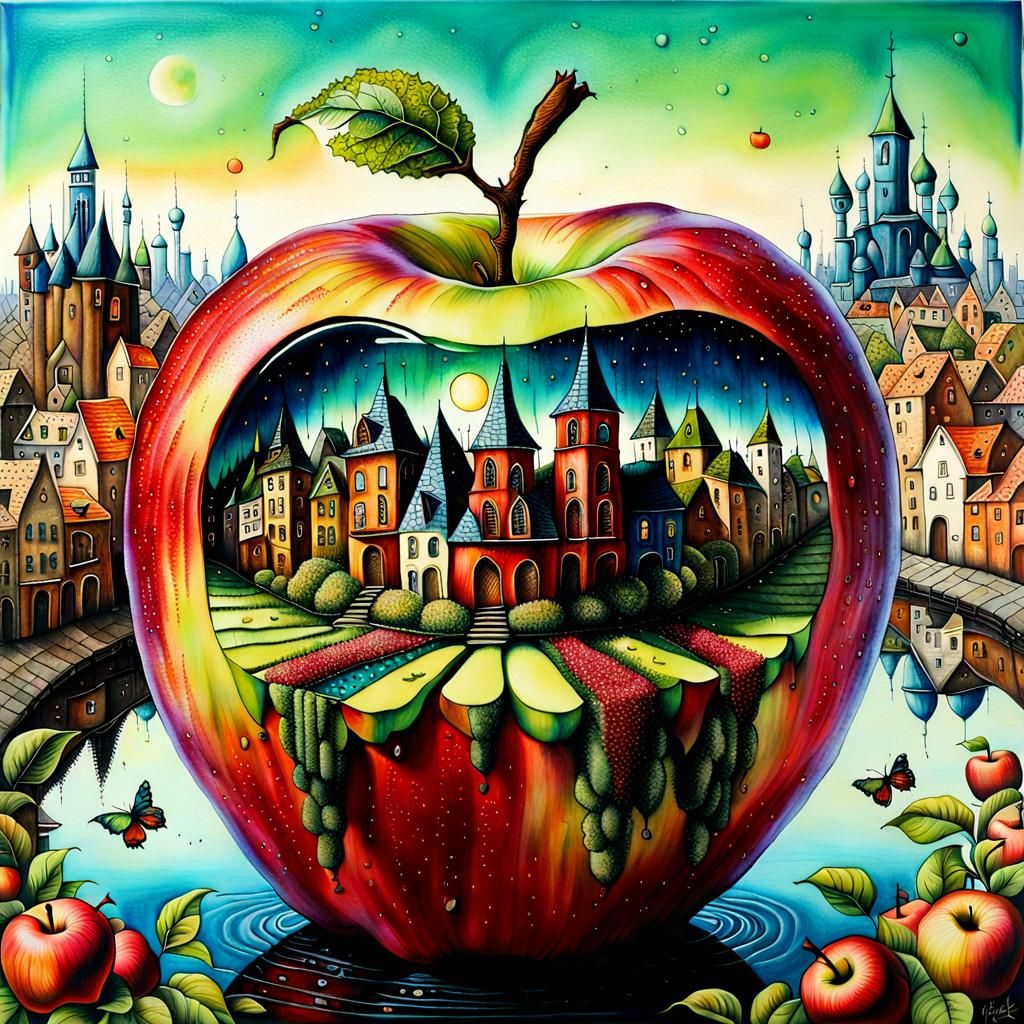 Surreal Cityscape on an Apple, Fantasy Art