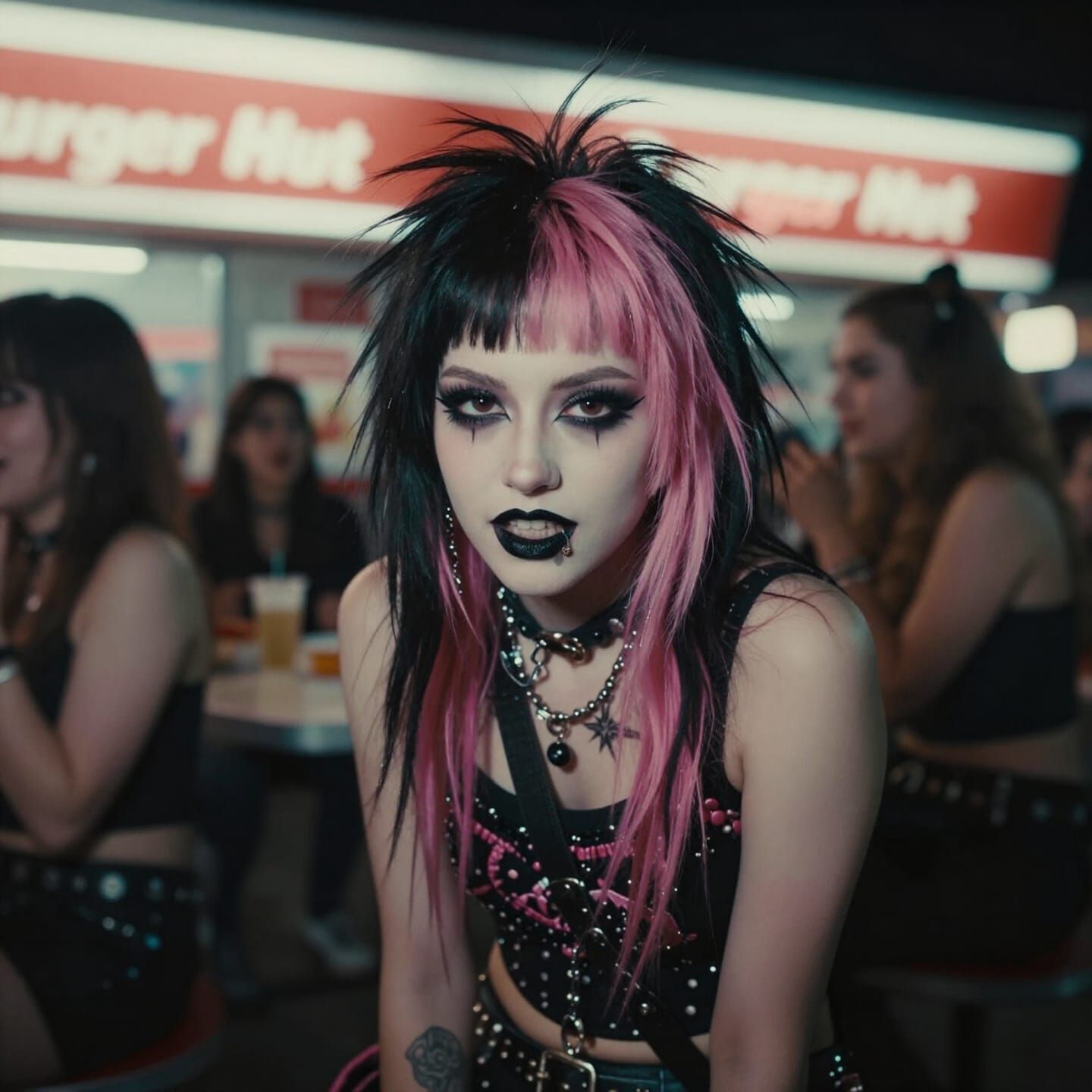 Punk Girl at Burger Hut Night Scene Cinematic Film Still