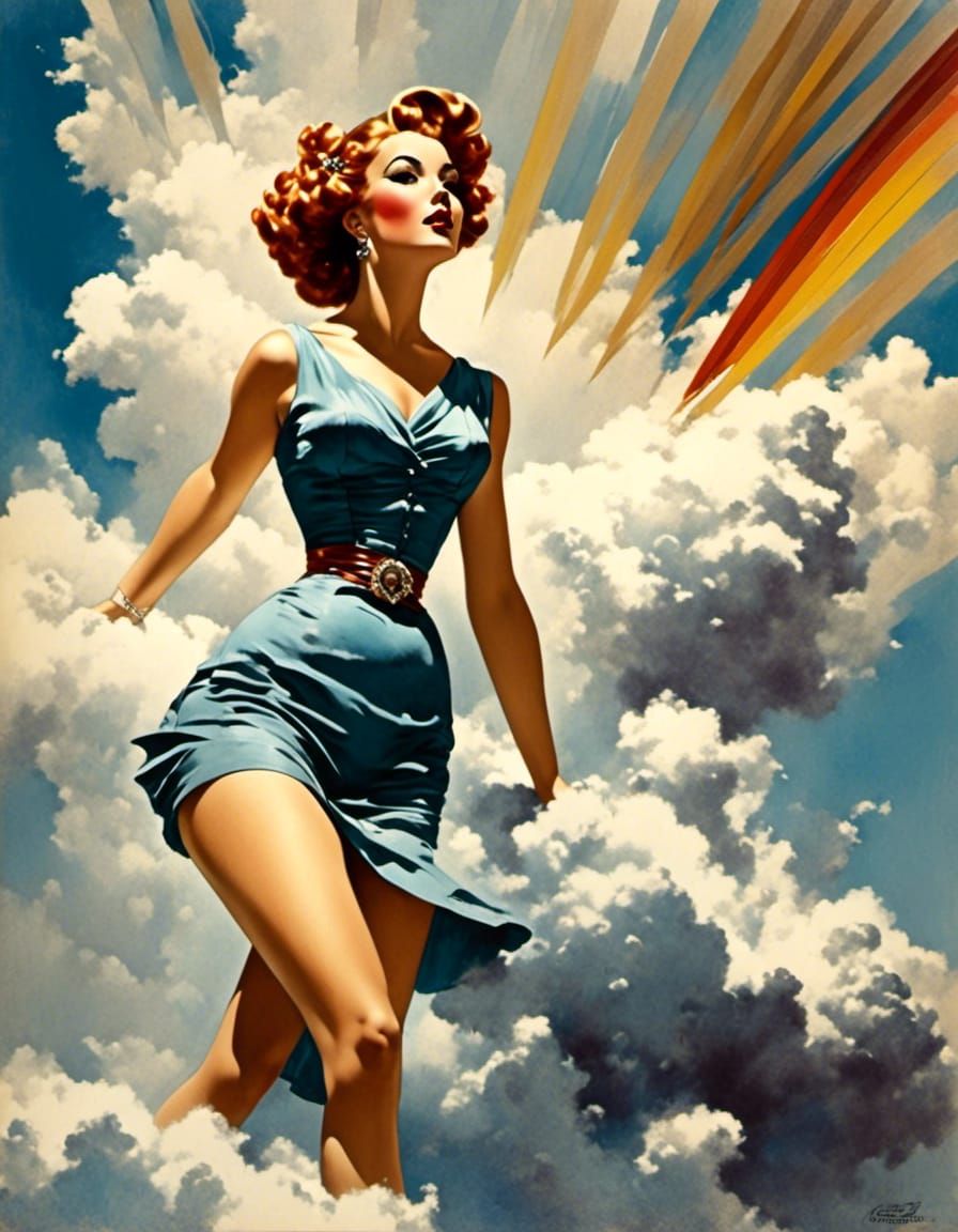 Pin-Up Style Double Exposure Woman with Clouds