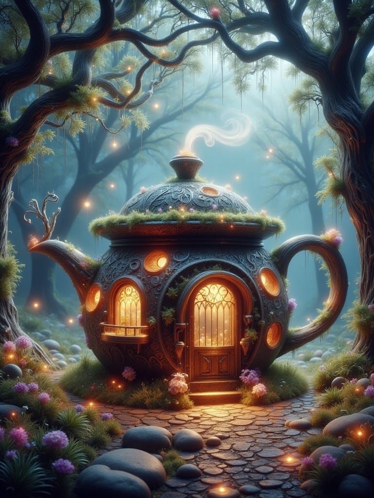 Ethereal Teapot House in a Whimsical Forest