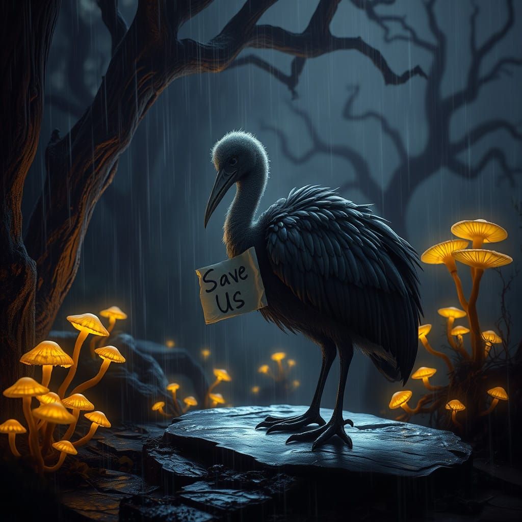 Majestic Dodo Bird in Melancholic Rainy Landscape