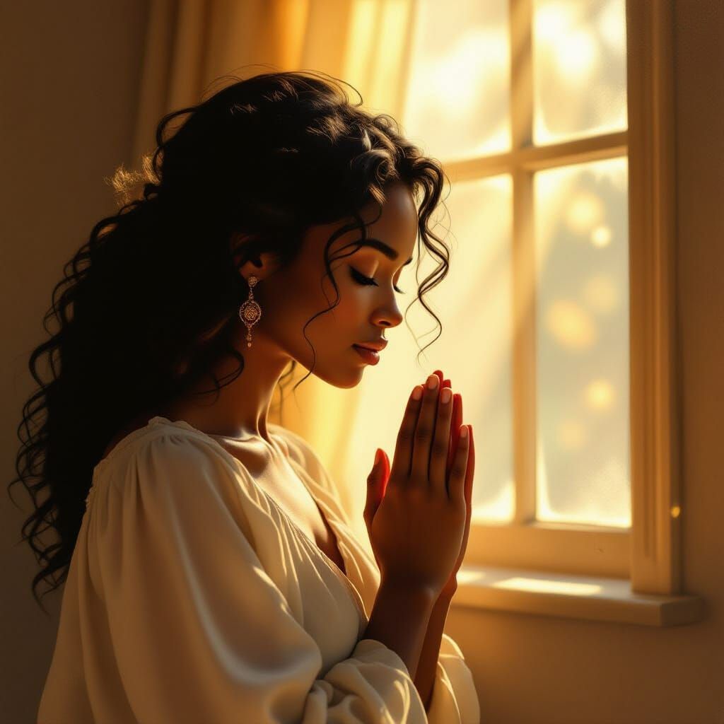 Melanated Woman in Prayer with Golden Light