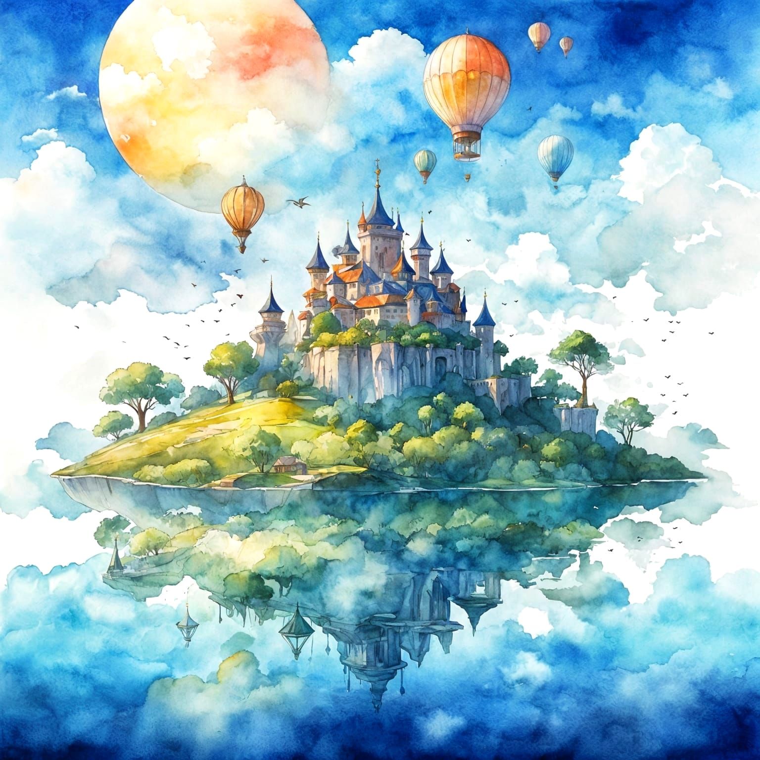 Peaceful Floating Islands Kingdom in Soft Watercolor Style