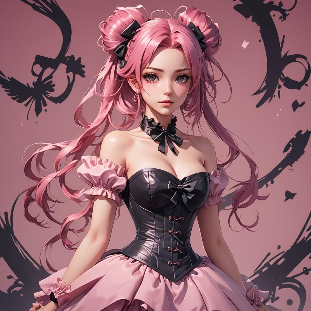 Girl in Pink Corset Dress: Anime Cel-Shaded Art