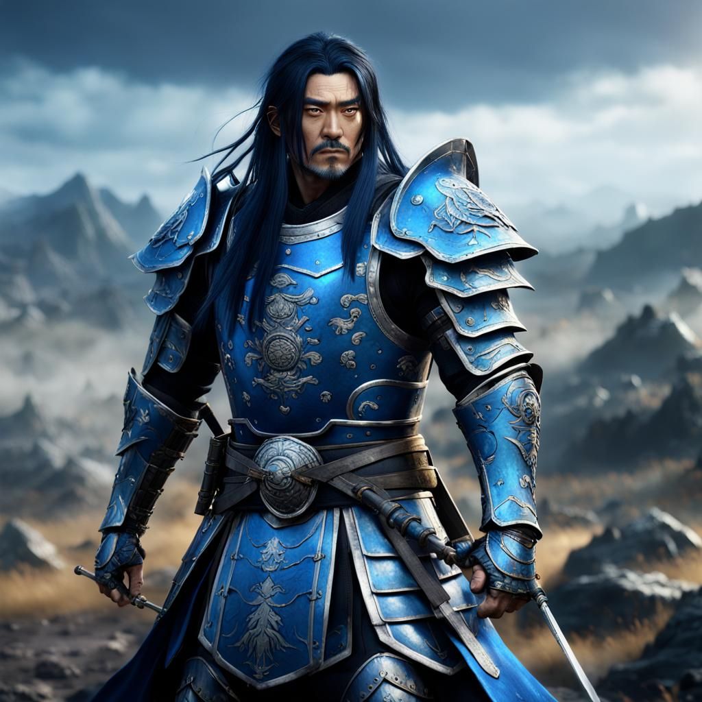 Armored Japanese Warrior on Battlefield: Detailed Matte Pain...