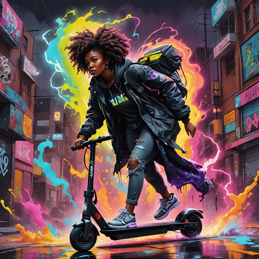 Woman Rides Scooter Through Neon Hurricane in Graffiti Art