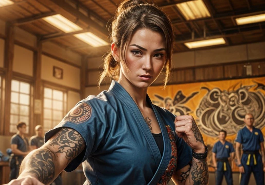 Anime Martial Artist Training in Dojo at Golden Hour