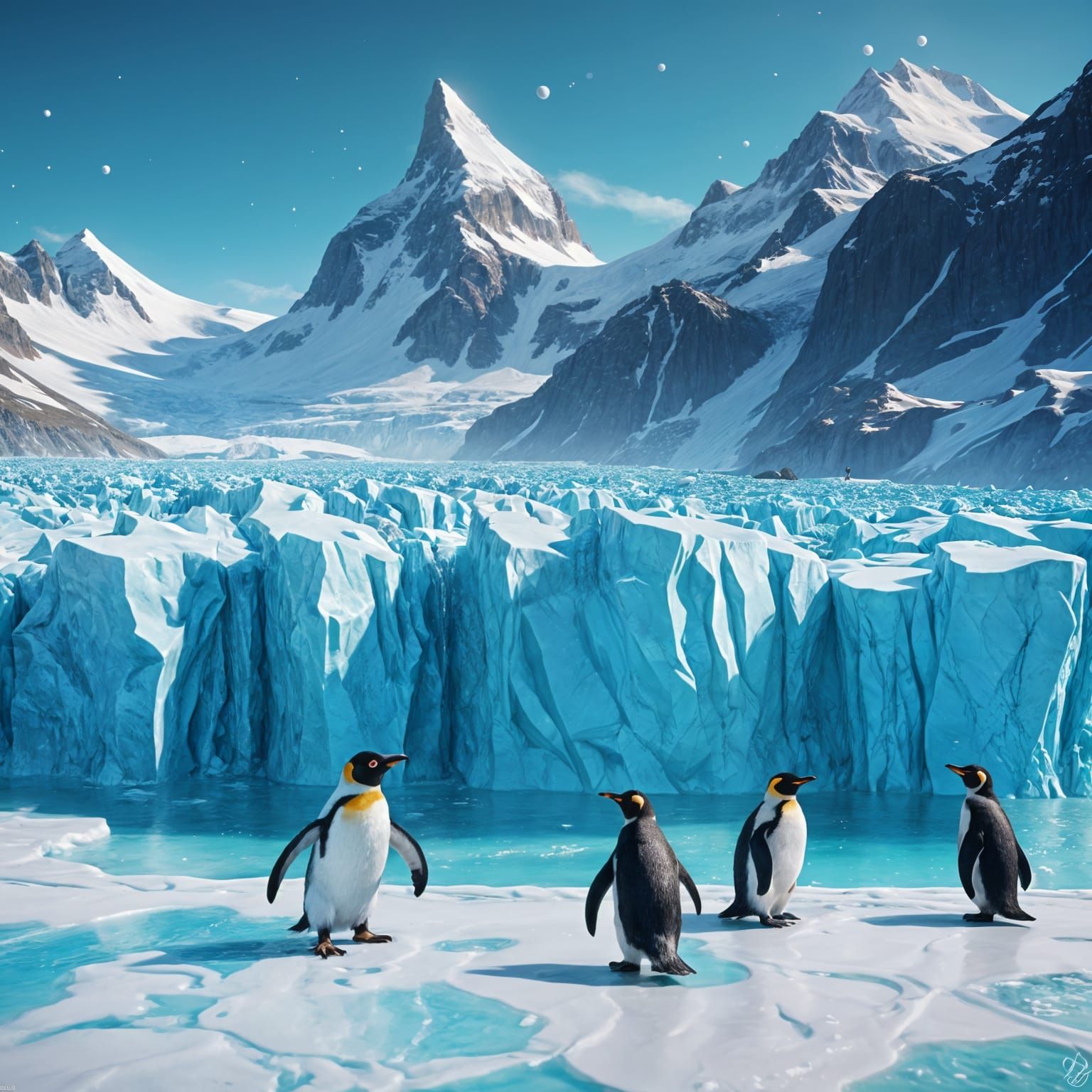Fantastical Penguins Play Hockey on Vibrant Blue Glaciers