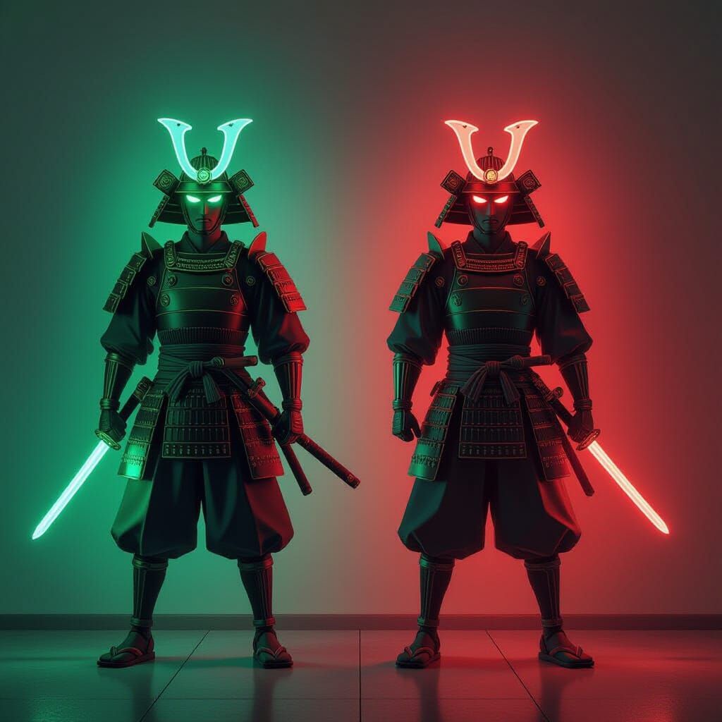 Neon Samurai Figures in Anime Style