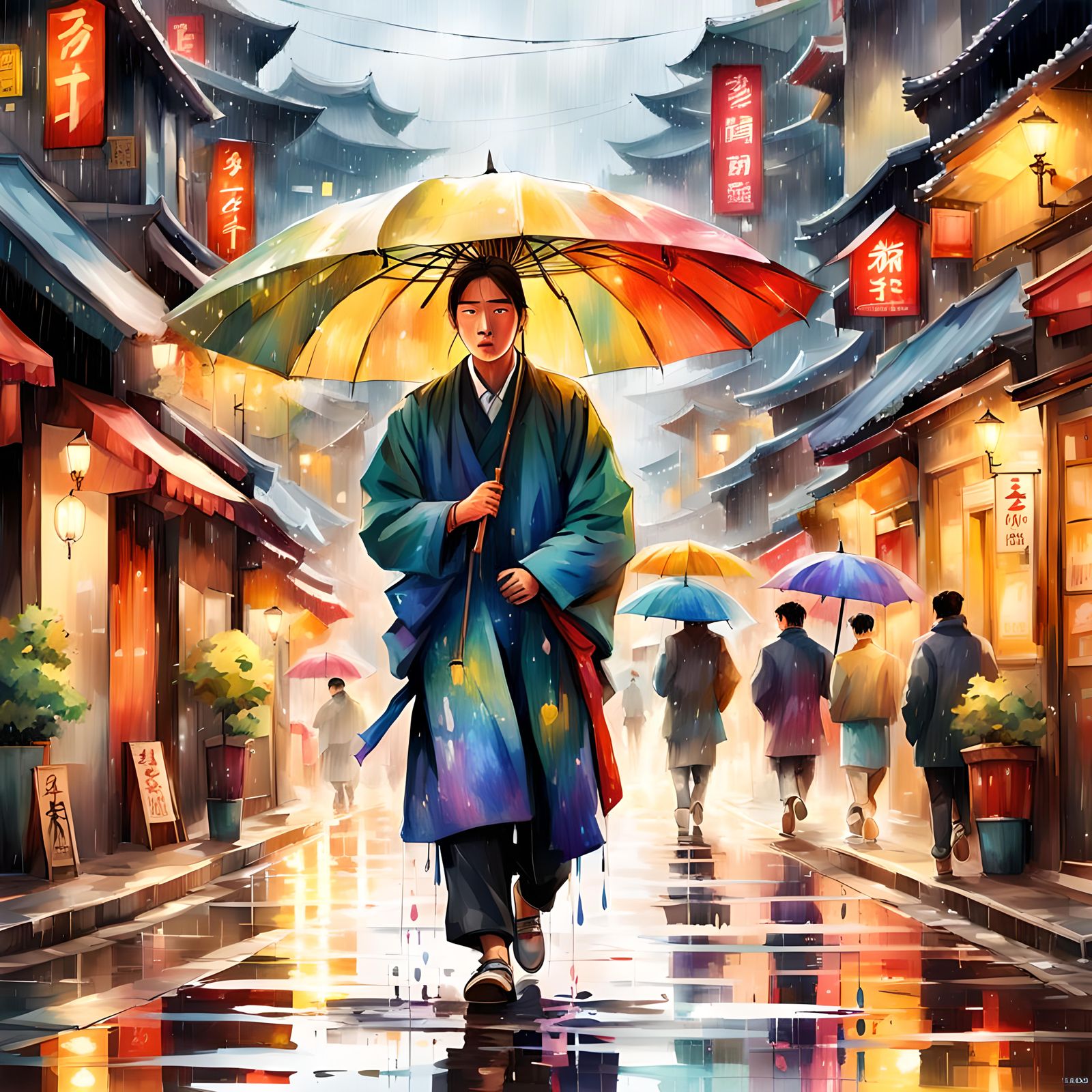Korean Samurai in Rainy Street, Watercolor Style