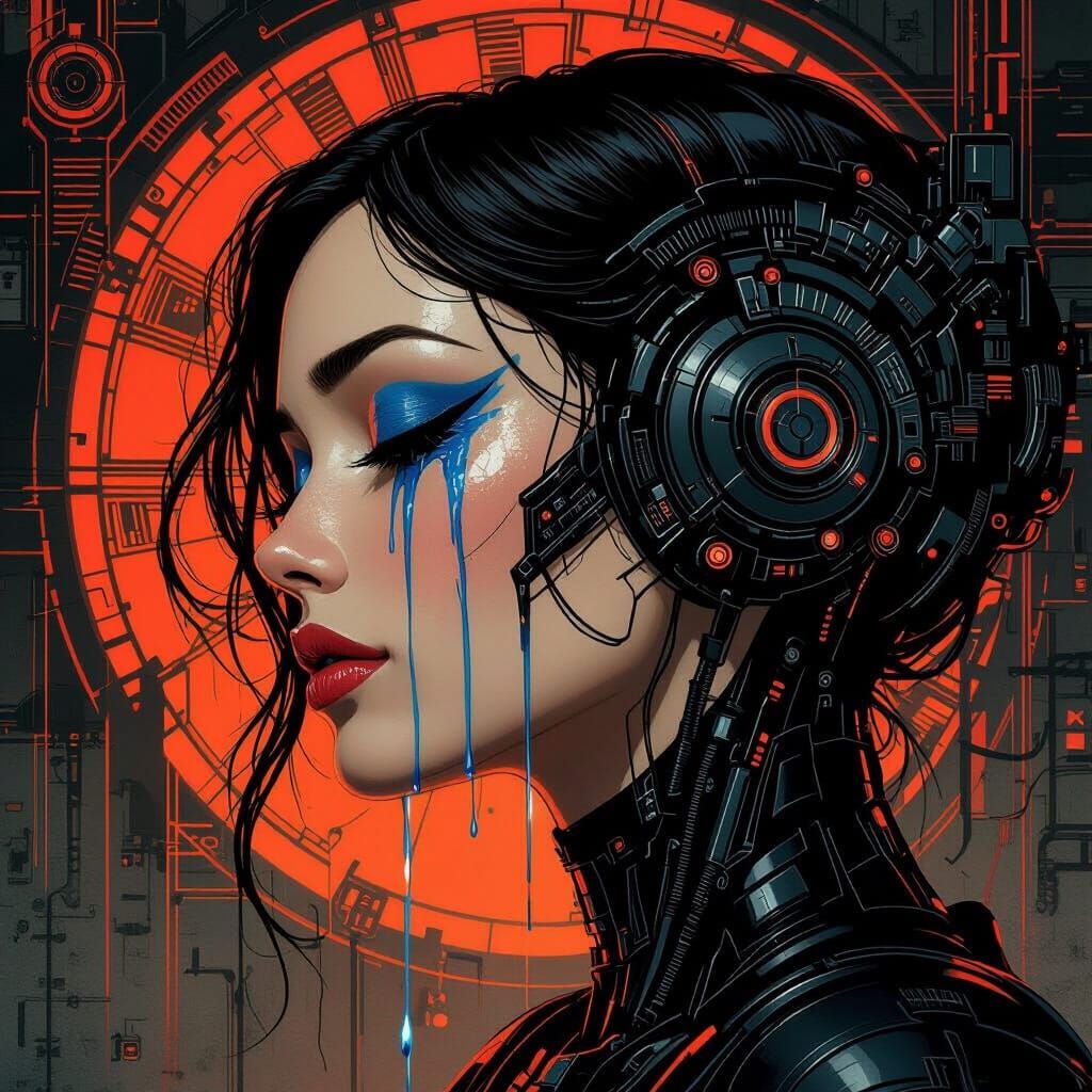 Cyberpunk Woman with Tears: A Digital Illustration