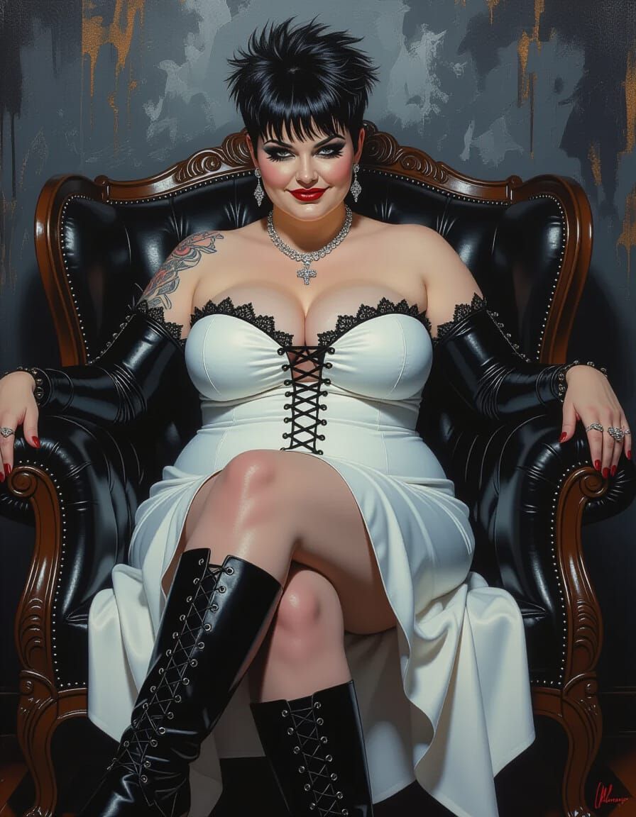 Ominous Goth Woman in Leather Dress with Diamond Jewelry