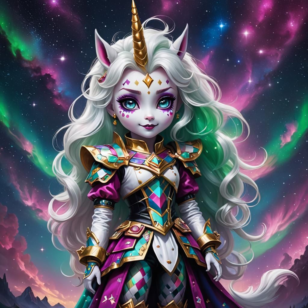 Chibi Harlequin Unicorn Princess in Polychromatic Nebula