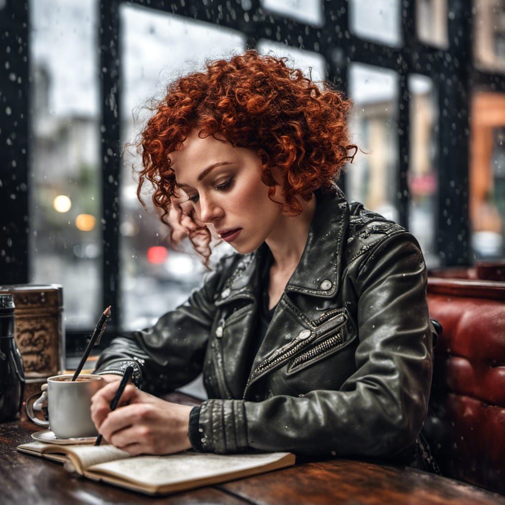 Woman in Cafe Writing, Hyperrealistic Style
