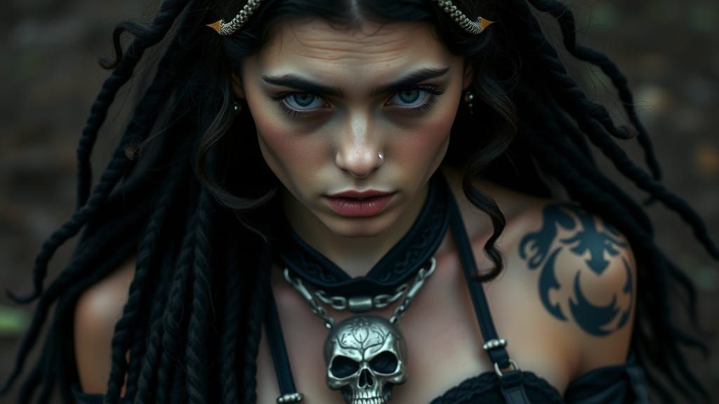 Dark Fantasy Goddess with Tribal Markings and Intricate Garb