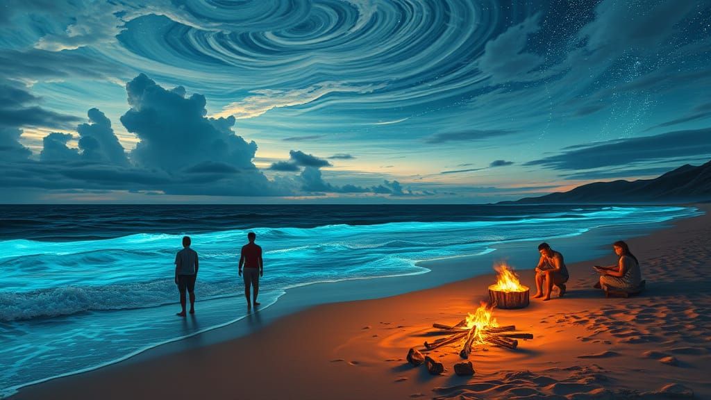 Bioluminescent Waves Light Up Shoreline in Dreamlike Fantasy