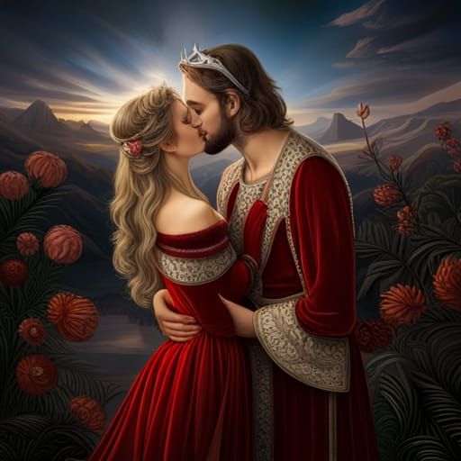 Maiden and Man Kiss in a Fantasy Matte Painting