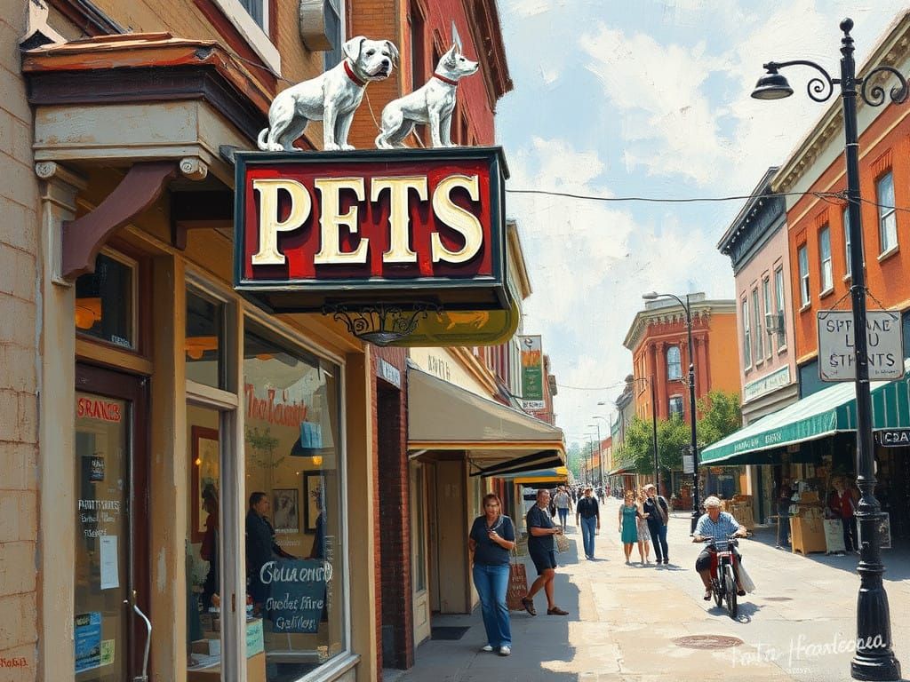 Vibrant Small-Town Pet Store in Neo-Impressionist Style