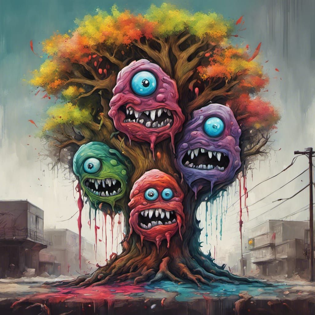 Two-Headed Monster Tree in Graffiti Art Style