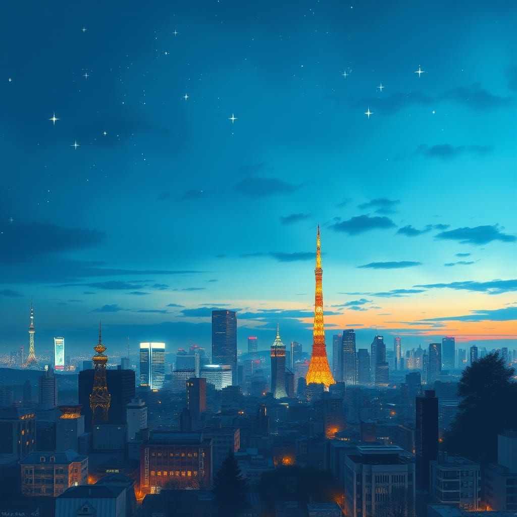 Vibrant Tokyo Skyline at Dusk in Whimsical Watercolor Style