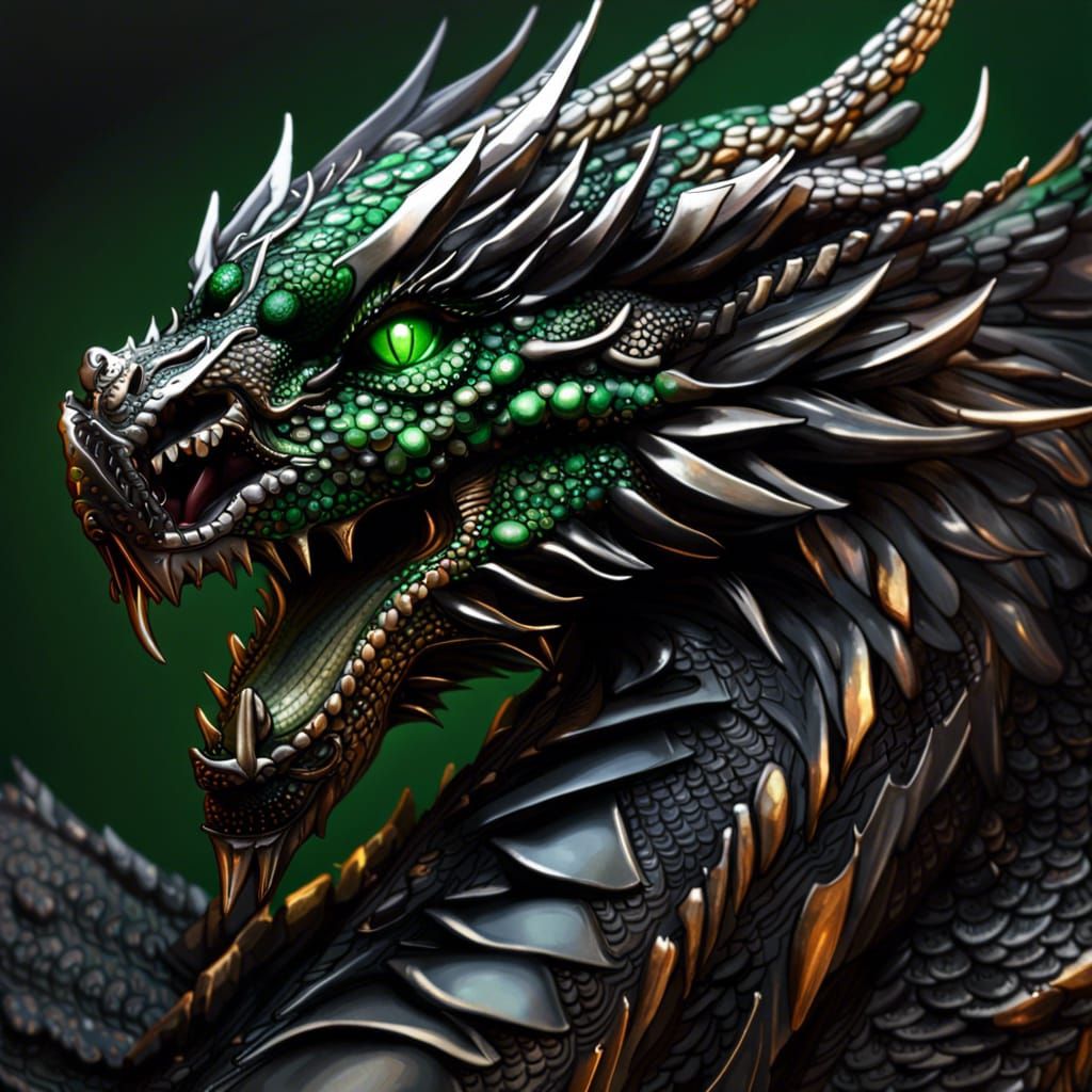 Dramatic Black Dragon with Silver Wings, Hyperrealistic Art