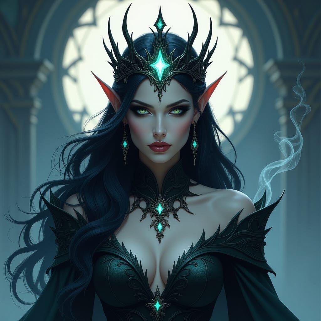 Dark Elven Queen Crowned with Glowing Runes in Shadowy Smoke