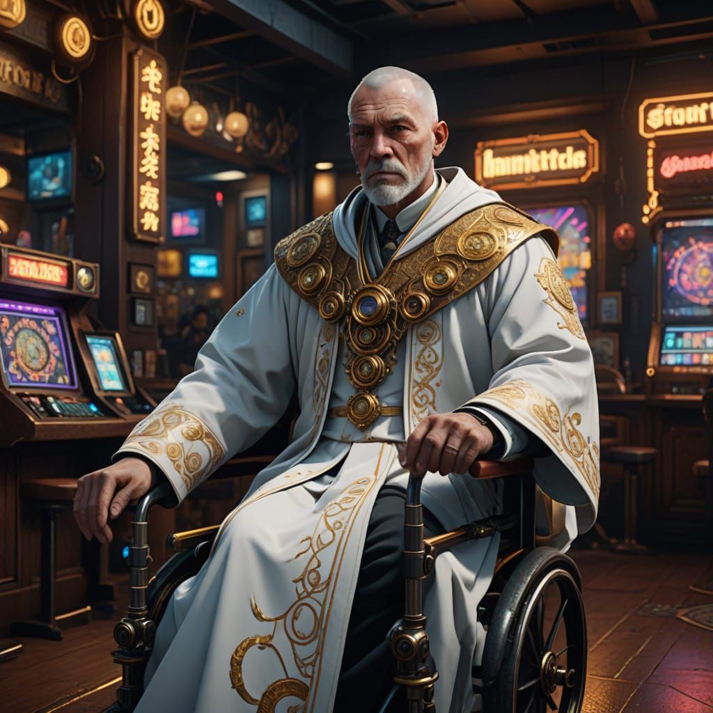 Dignified Man Pushes Ornate Pram in Sports Bar