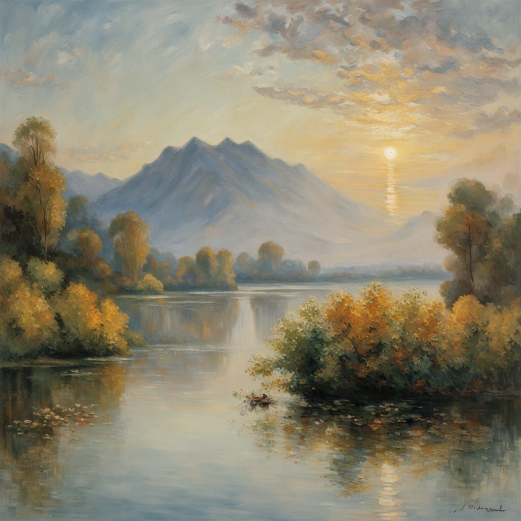 Serene Lake Landscape at Sunset in Vibrant Oil Painting Styl...