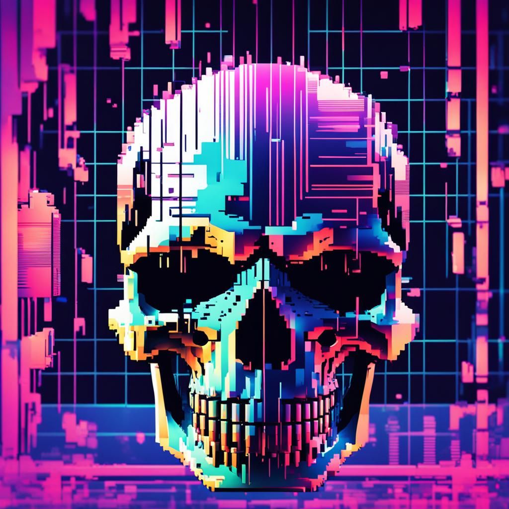 Glitched Skull in Matrix with Neon Digital Distortion