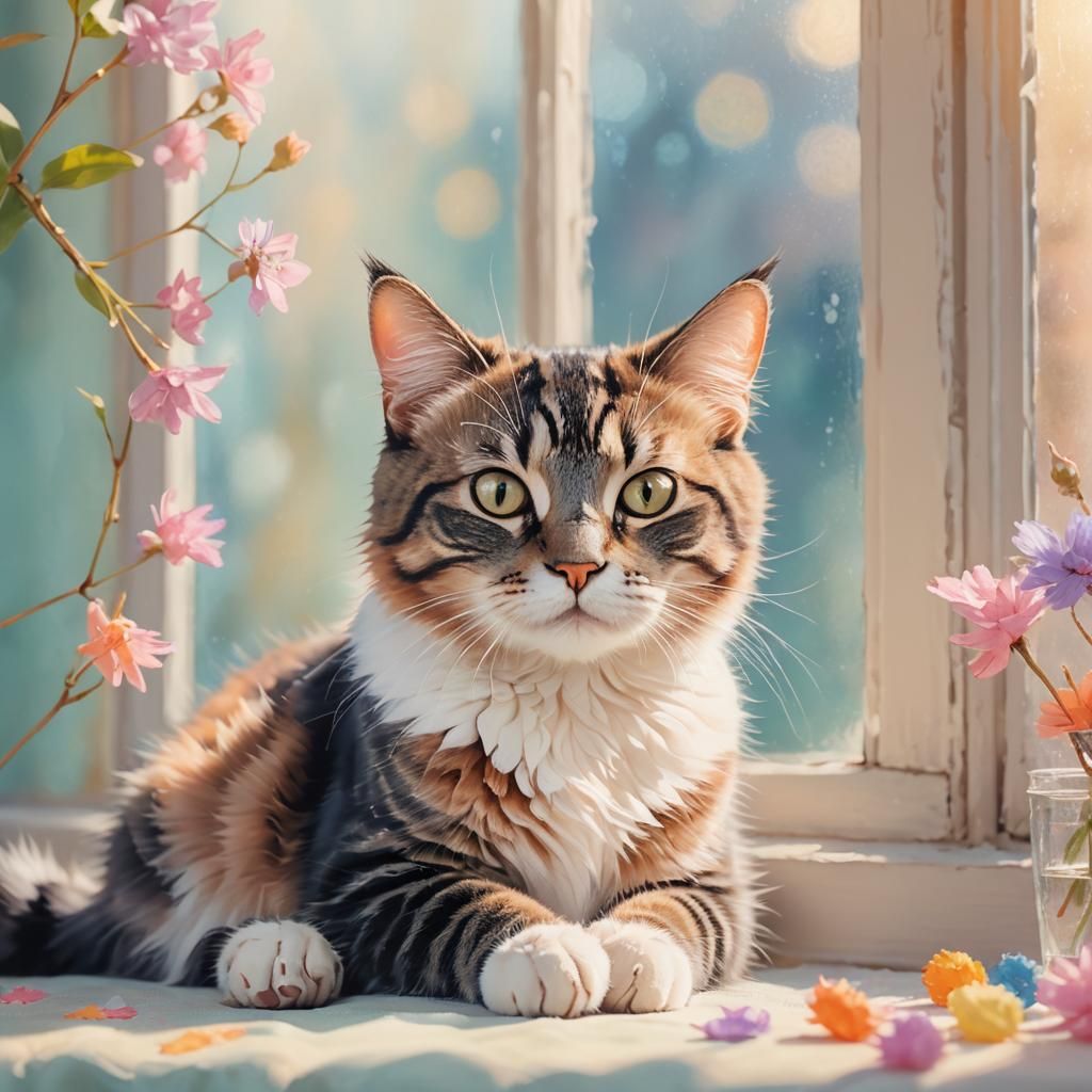 Impressionistic Cat Surrounded by Paws in Pastel Colors