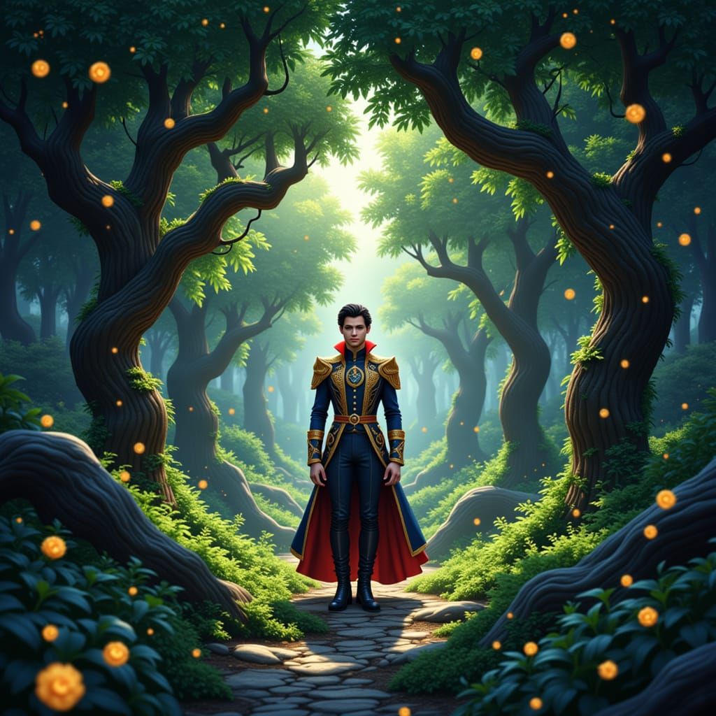 Charming Prince Lost in Enchanted Labyrinth Forest