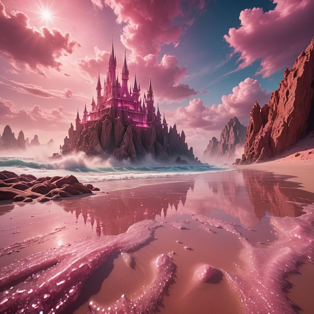 Pink Sand Beach with Crystal Spires: Matte Painting