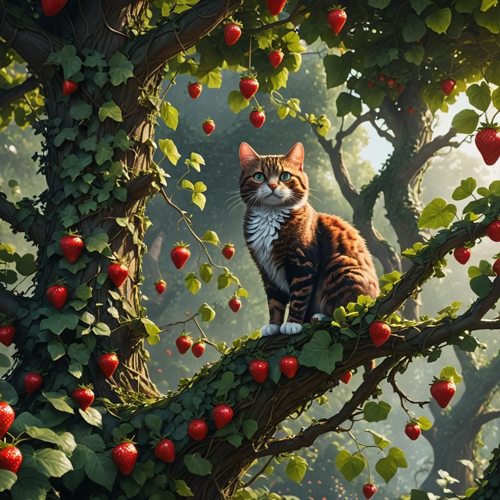 Strawberry Cat in Ivy Tree: Fantasy Art