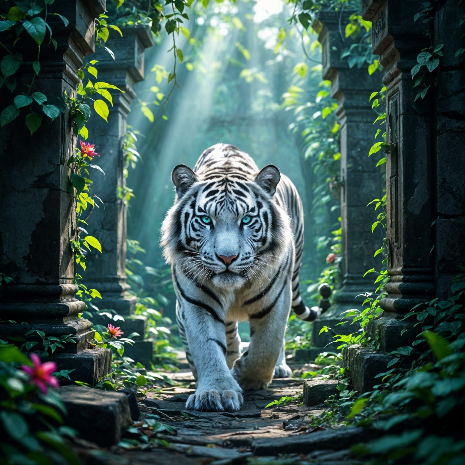 Majestic White Tiger in Ancient Jungle Temple Ruins