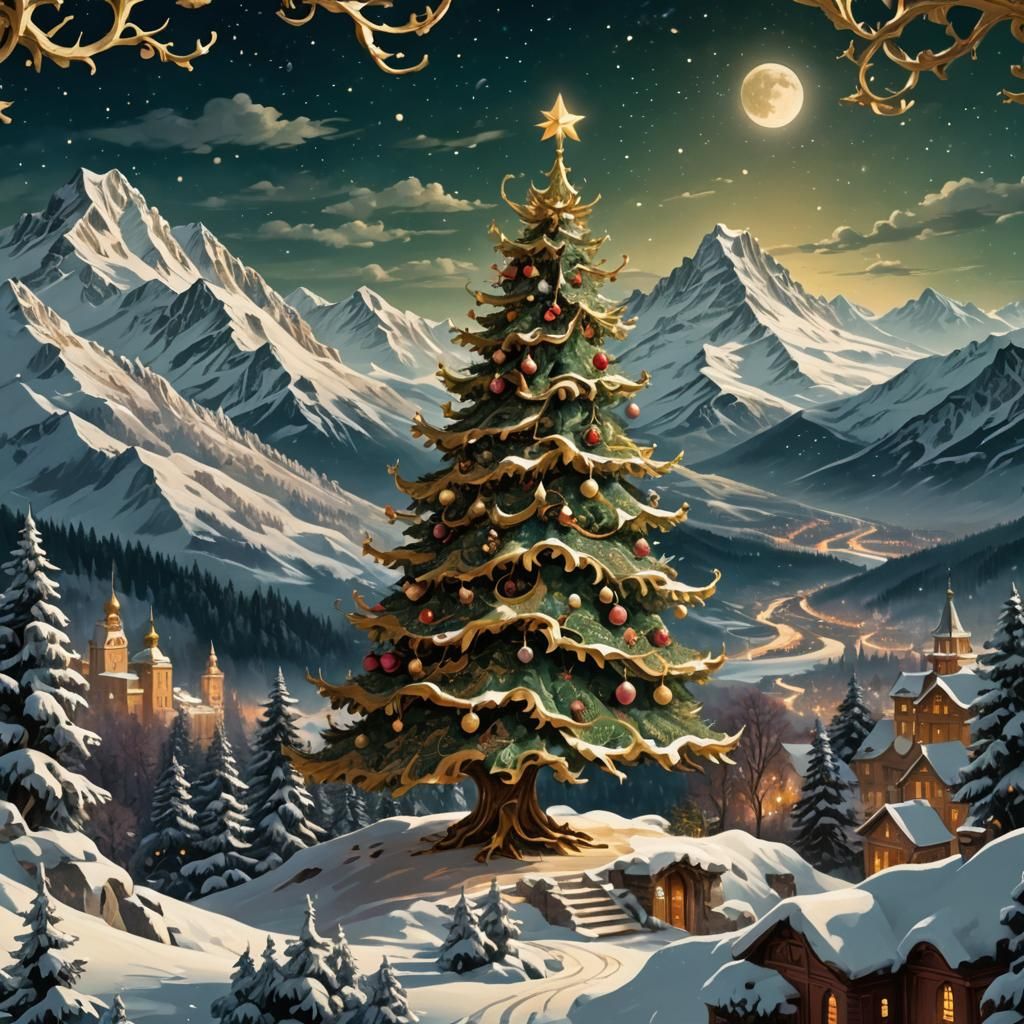 Baroque Christmas Tree in Winter Mountain Landscape