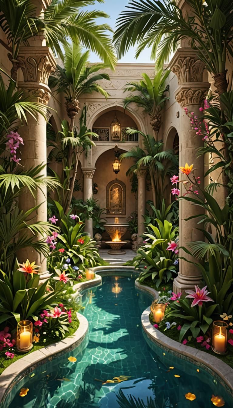 Magical Oasis Swimming Pool with Palms and Arches