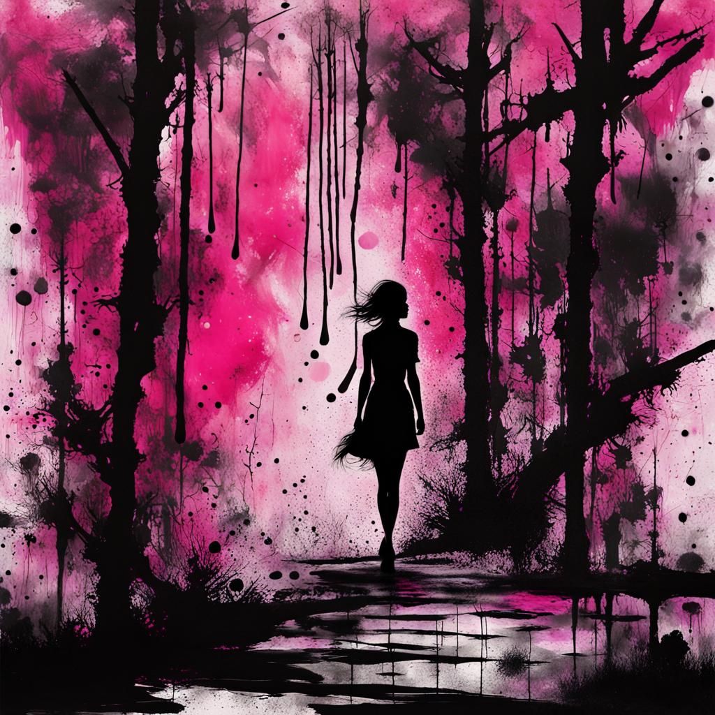 Lonely Girl in Woods: Ink Splatter Drip Painting