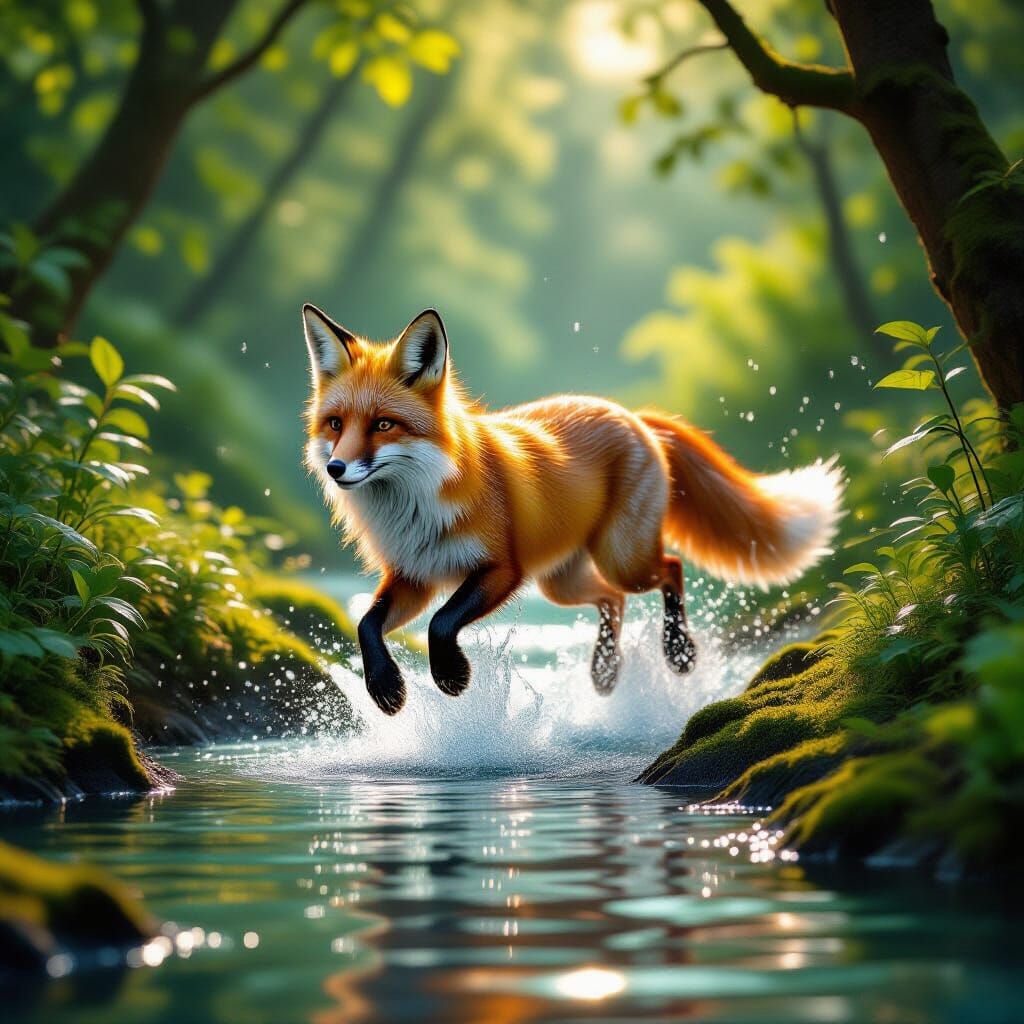 Translucent Water Fox Leaping in Emerald Forest