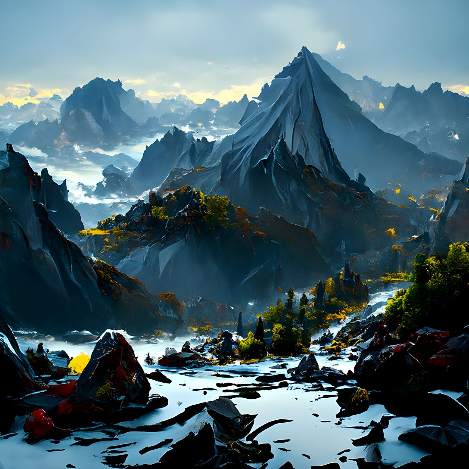 Mountain Range Above Sea: Photorealistic Origami Landscape