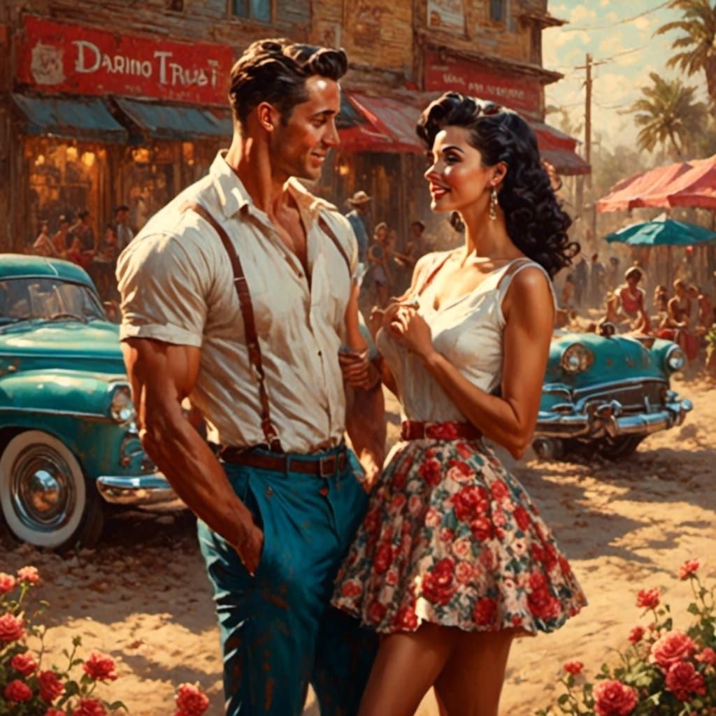 Retro Rockabilly Couple Embracing with Hope