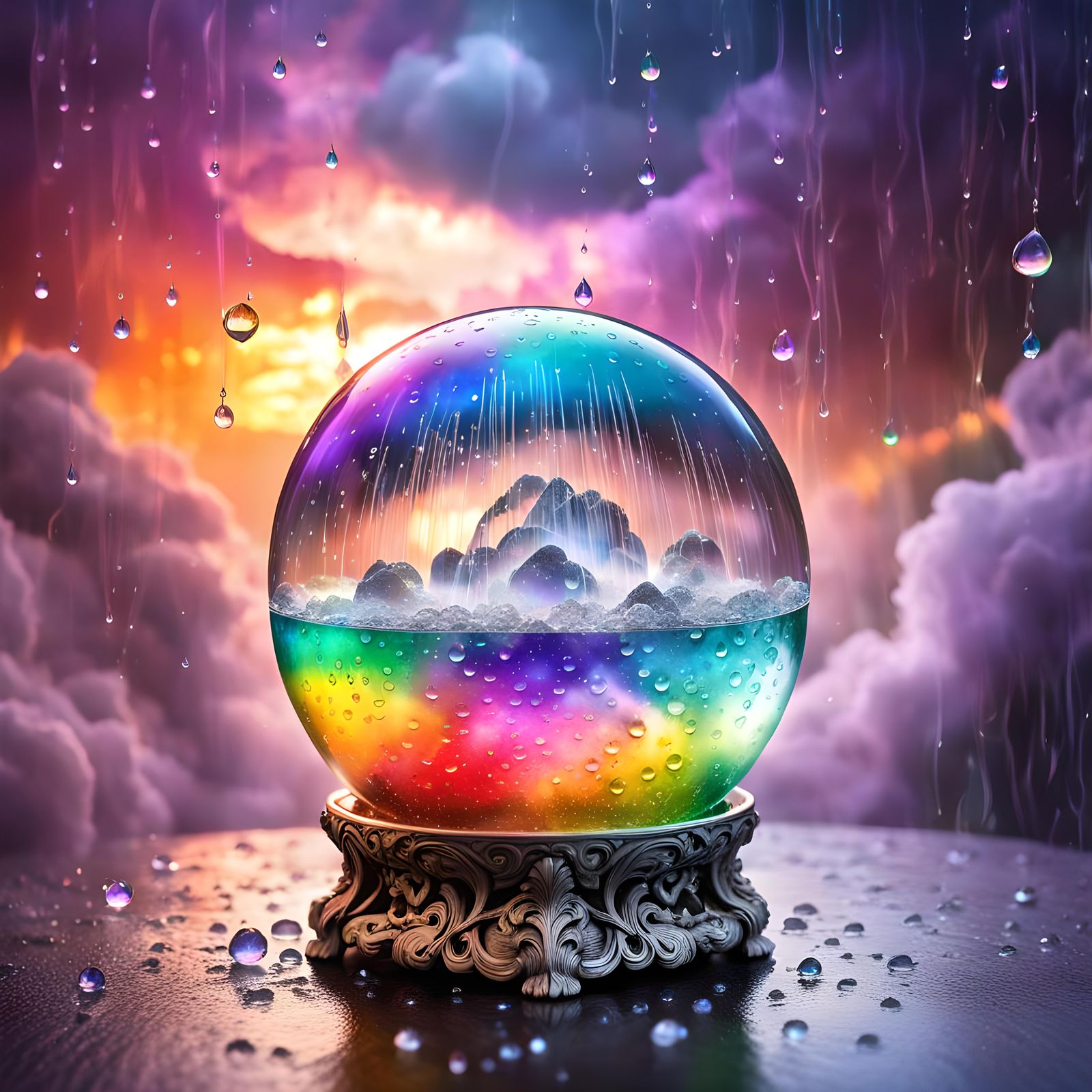 Rainbow Cloud Encircles Magical Orb with Burning Heart