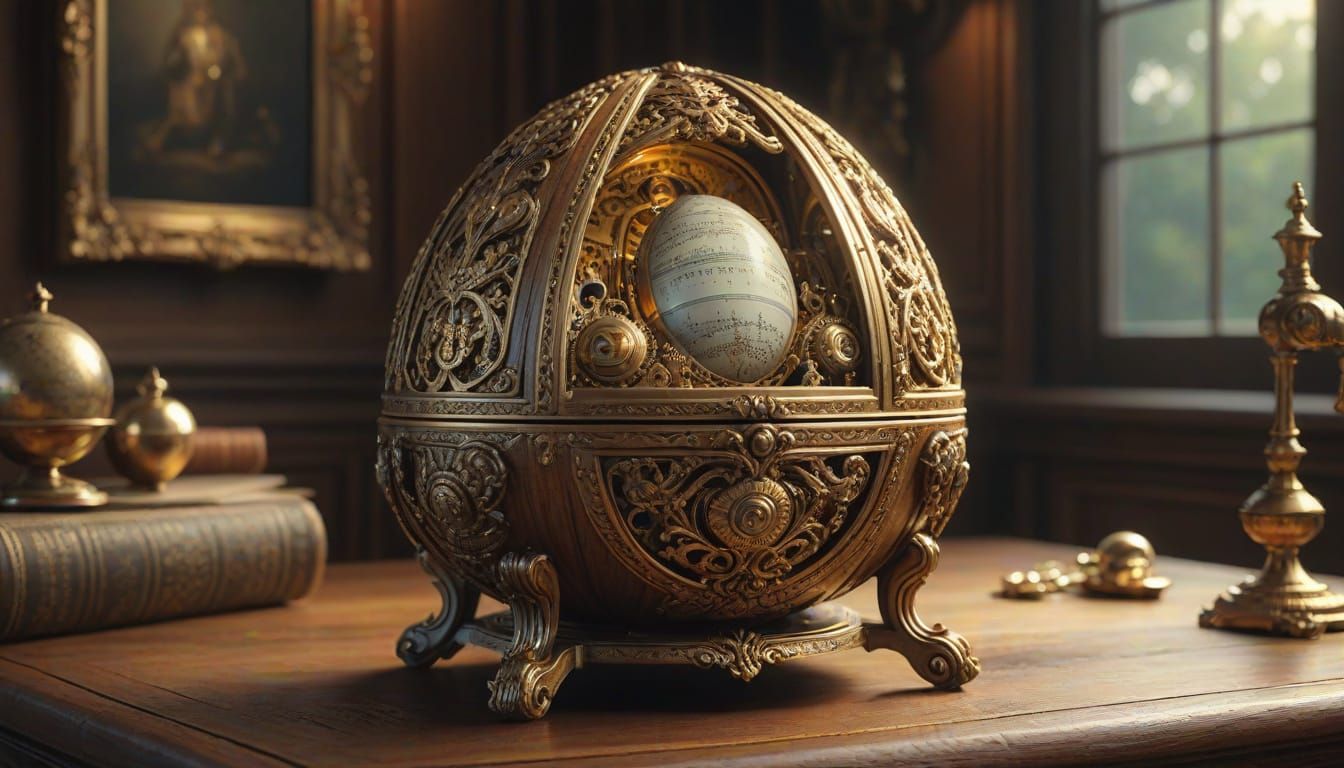 Baroque Music Box Egg Masterpiece in Ornate Wooden Study